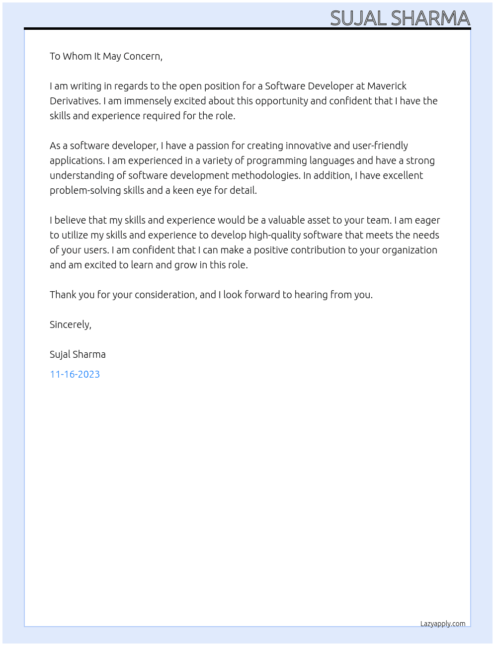 Software Developer At Maverick Derivatives Cover Letter
