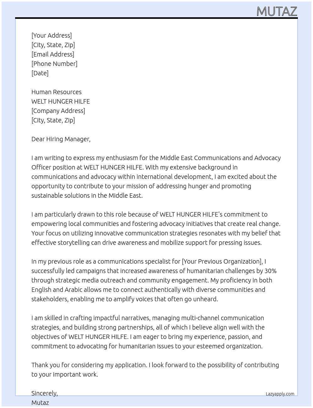 Middle East Communications and Advocacy Officer  At WELT HUNGER HILFE Cover Letter