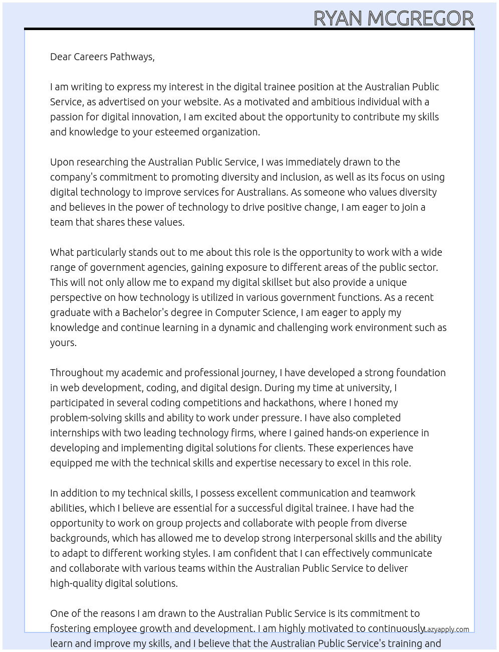digital trainee At Australian Public Service Cover Letter