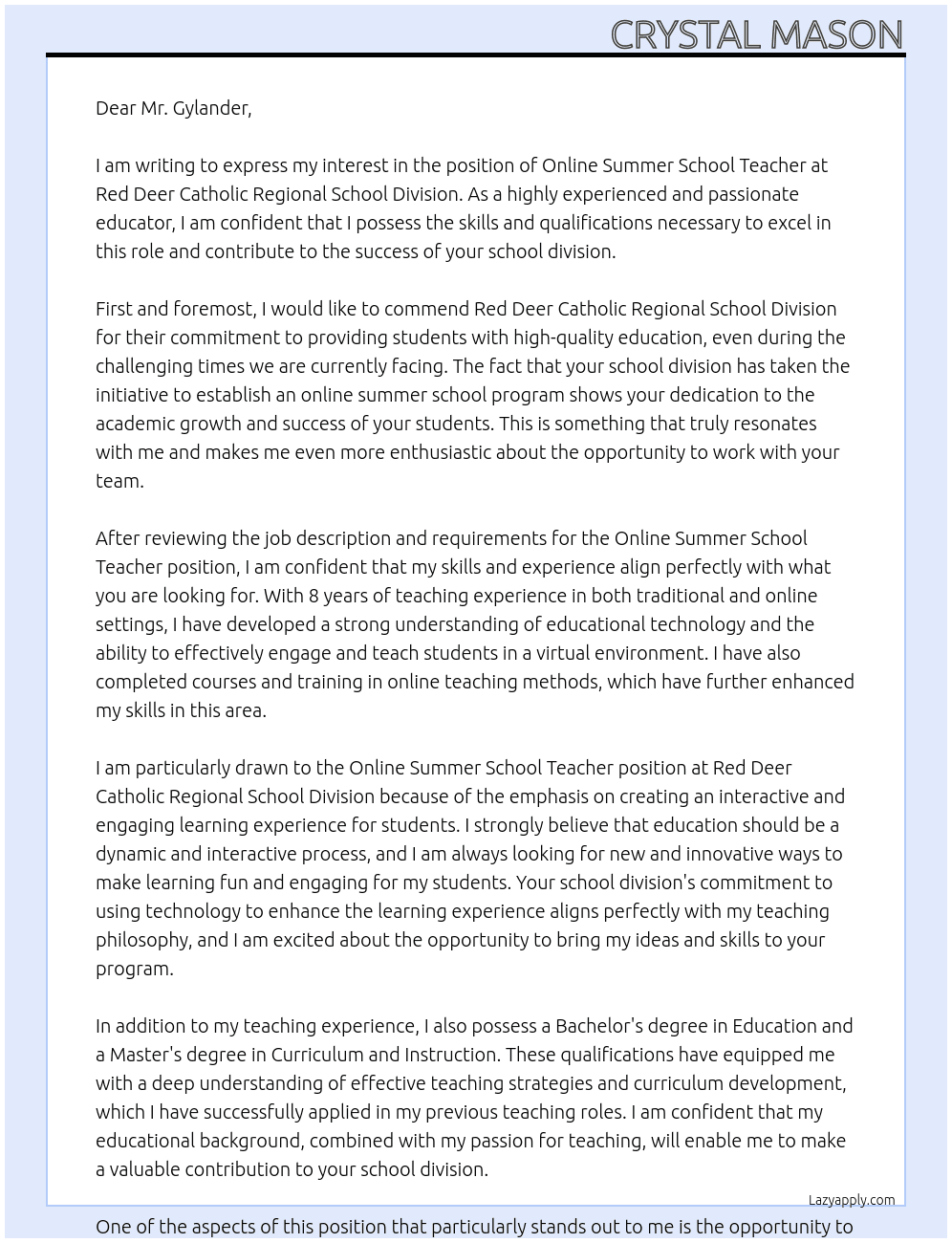 Online Summer School Teacher At Red Deer Catholic Regional School Division Cover Letter