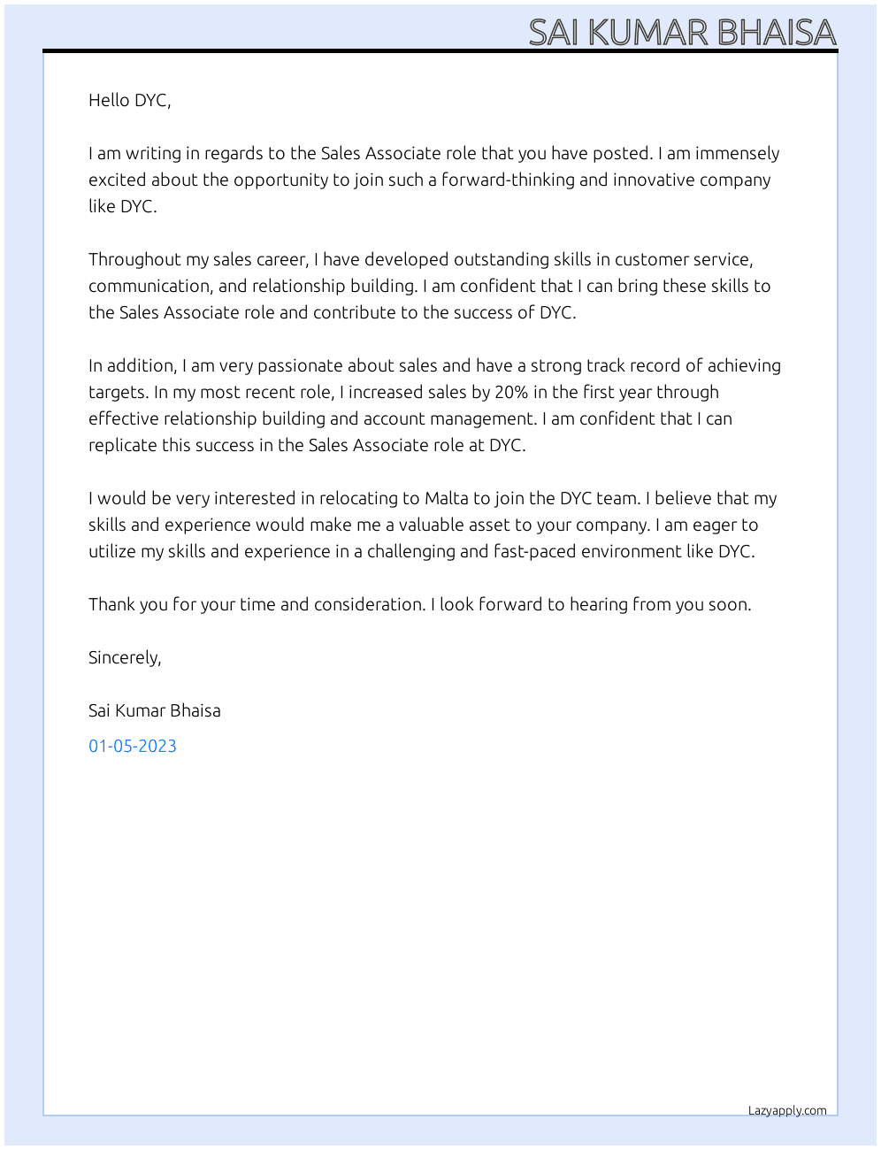 Sales associate At DYC Cover Letter