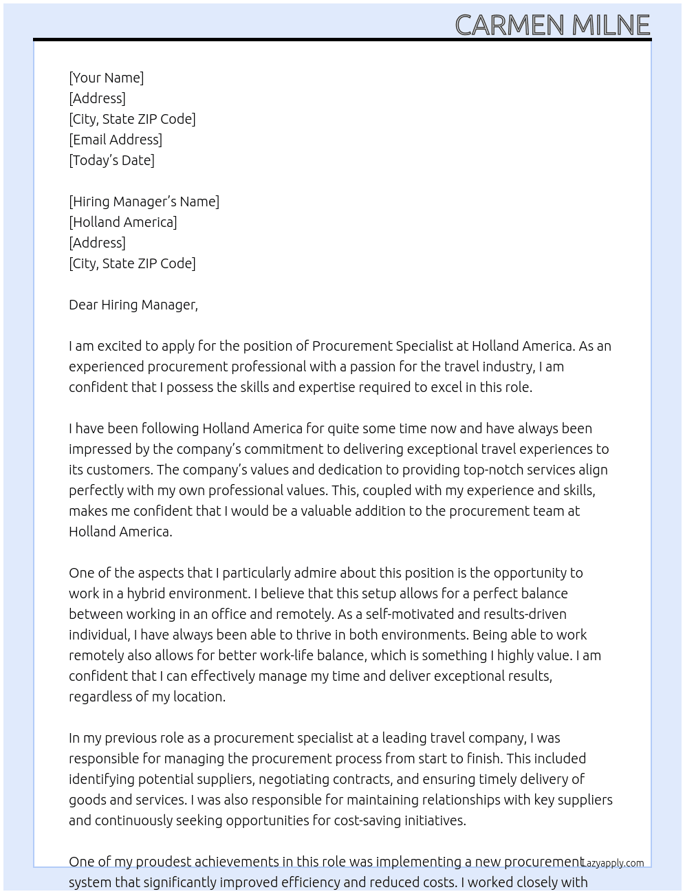 Procurement Specialist  At Holland America Cover Letter