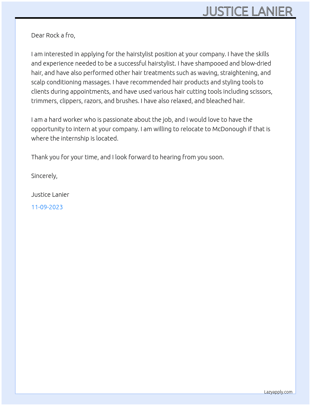 Hairstylist  At Rock a fro  Cover Letter
