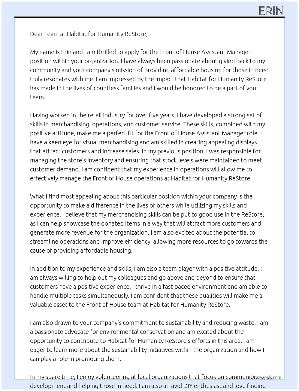 Front of House Assistant Manager At Habitat for Humanity ReStore Cover Letter