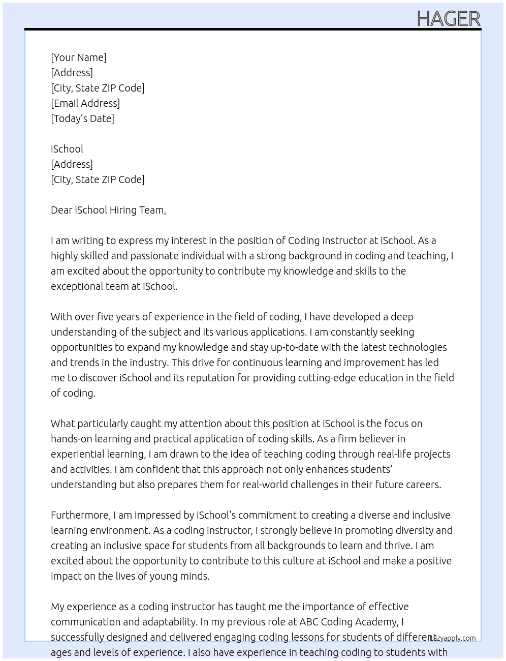 Coding Instructor At iSchool Cover Letter