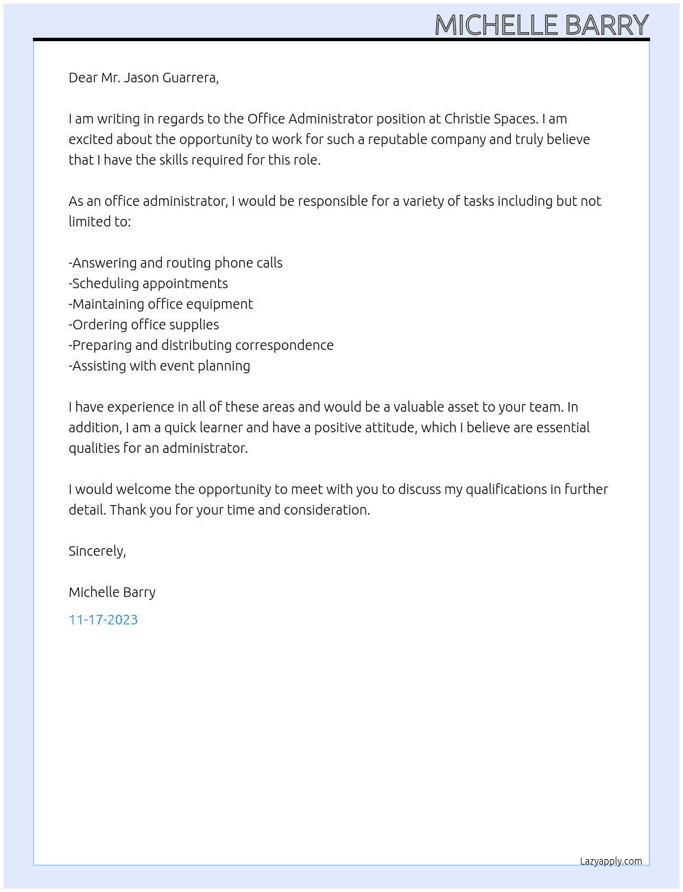 Office administrator At Christie spaces Cover Letter