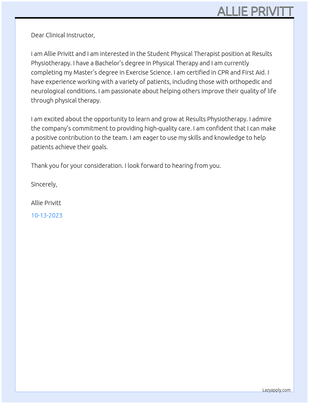 Student Physical Therapist  At Results Physiotherapy Cover Letter