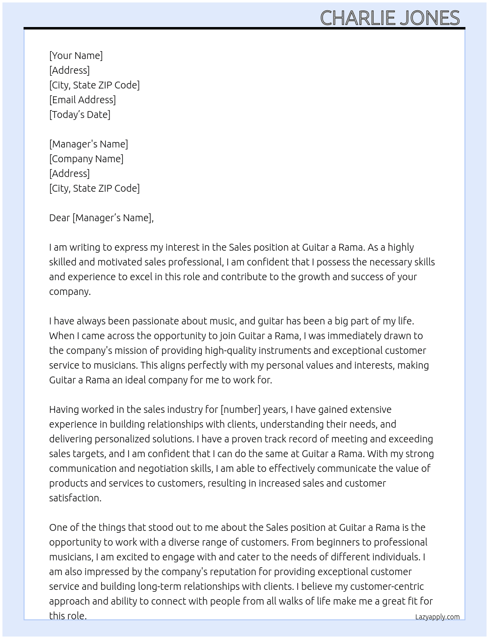 Sales  At Guitar a Rama Cover Letter