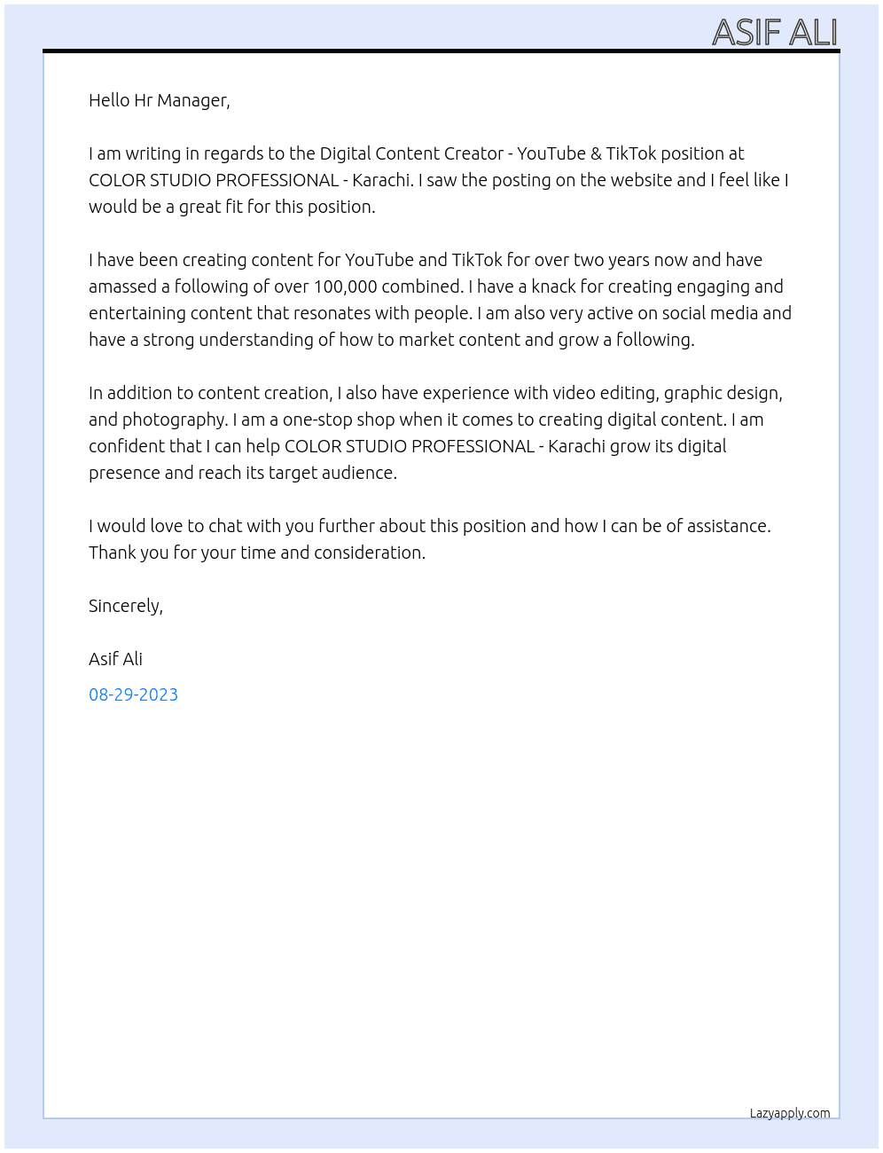 DIGITAL CONTENT CREATOR - YOUTUBE & TIKTOK At COLOR STUDIO PROFESSIONAL - Karachi Cover Letter