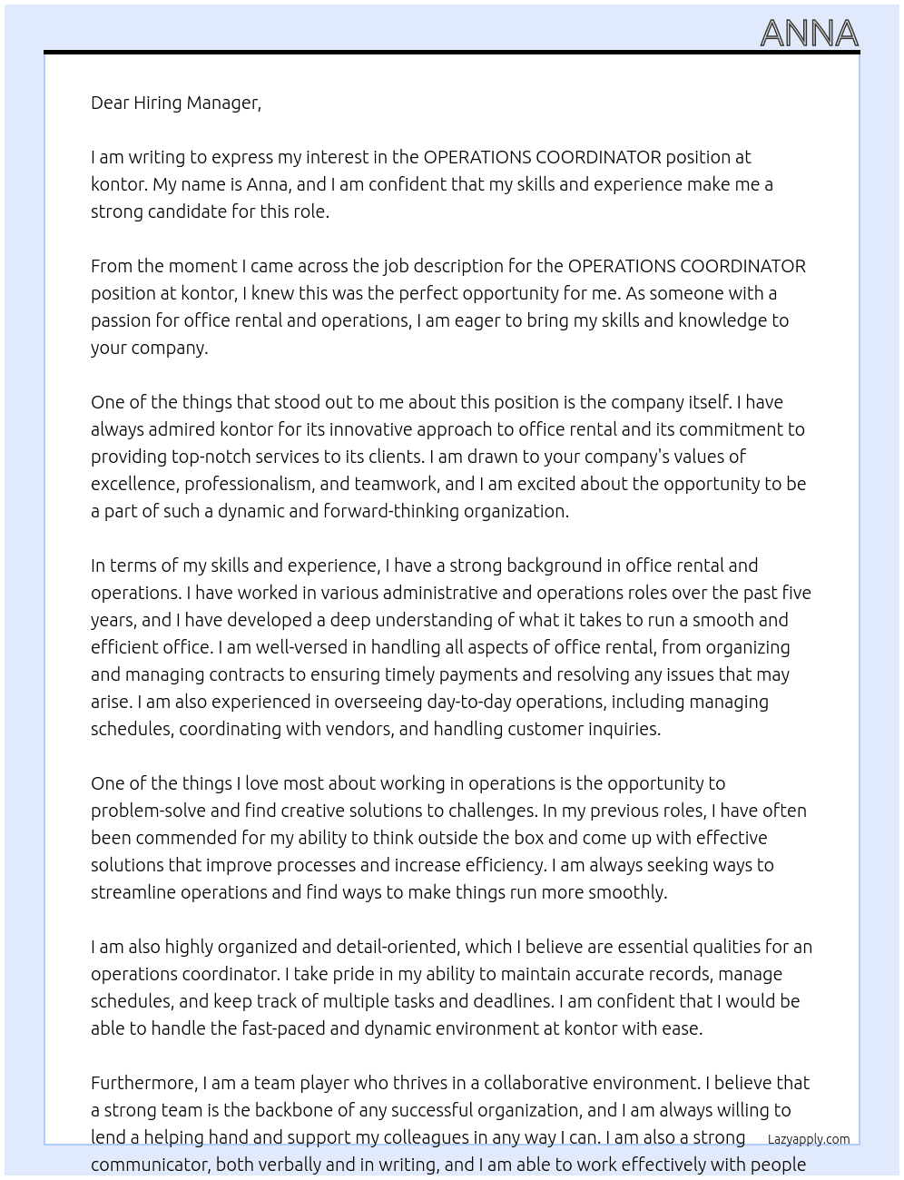 OPERATIONS COORDINATOR  At kontor Cover Letter