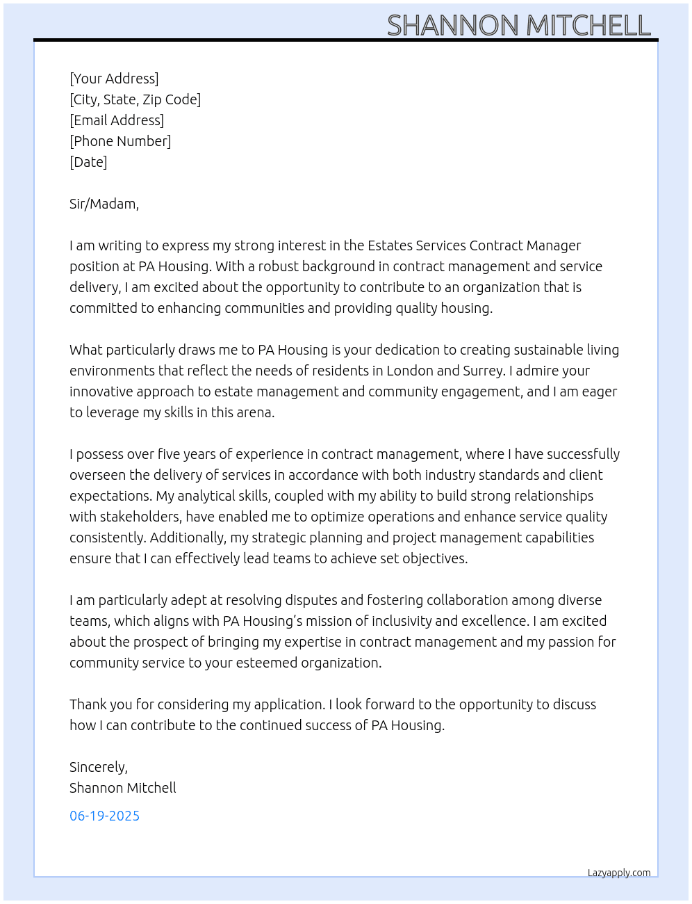Estates Services Contract Manager (London & Surrey) At PA Housing  Cover Letter