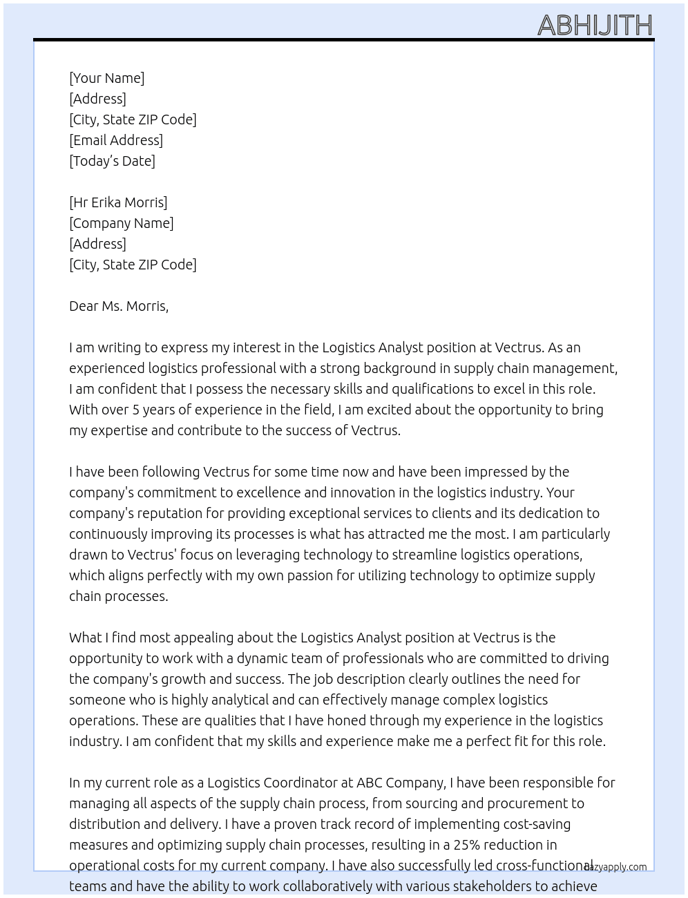 Logistics analysts  At Vectrus Cover Letter