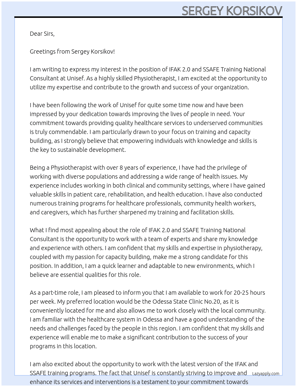 IFAK 2.0 and SSAFE Training National Consultant At Unisef Cover Letter