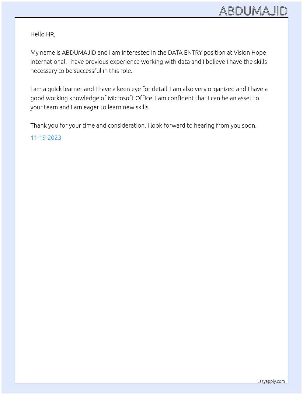DATA ENTRY At Vision Hope International Cover Letter