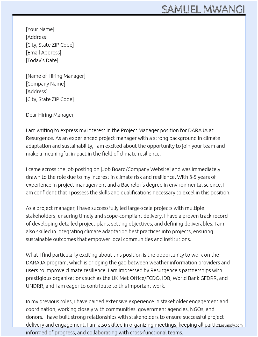 Project Manager for DARAJA At Project Manager for DARAJA Cover Letter