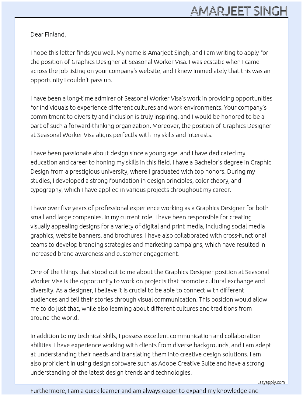 Graphics Designer At Seasonal Worker Visa Cover Letter