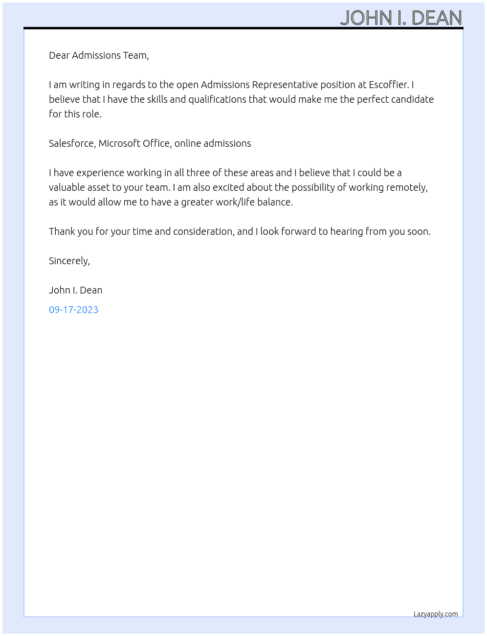 Admissions Representative At Escoffier Cover Letter