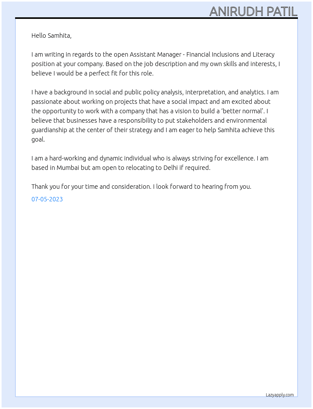 Assistant Manager - Financial Inclusions and Literacy At Samhita Cover Letter