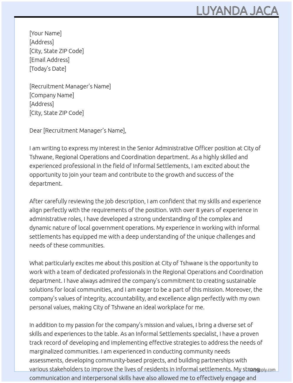 SENIOR ADMINISTRATIVE OFFICER At City of tshwane, REGIONAL OPERATIONS AND COORDINATION department Cover Letter