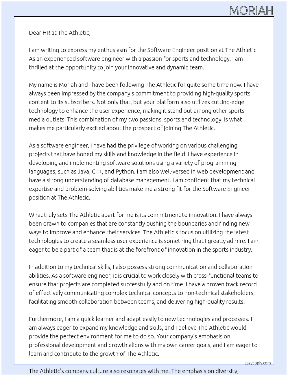 software engineer At The Atheletic Cover Letter
