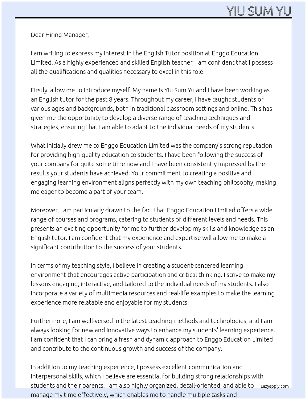 English Tutor At Enggo Education Limited Cover Letter