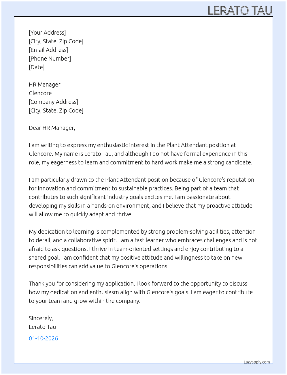 Plant attendant  At Glencore  Cover Letter
