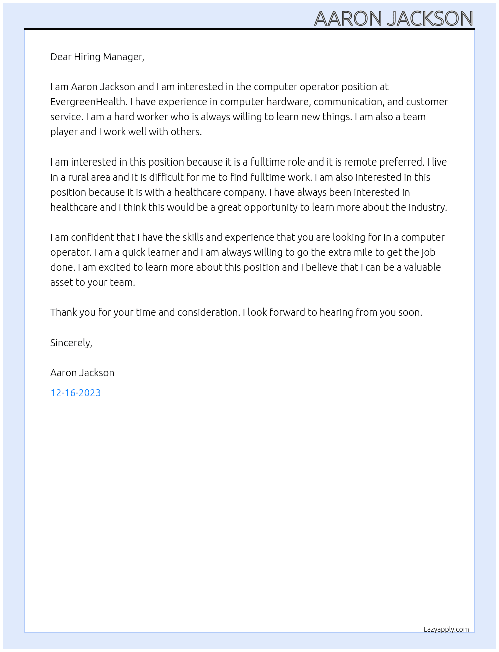 computer operator At EvergreenHealth Cover Letter