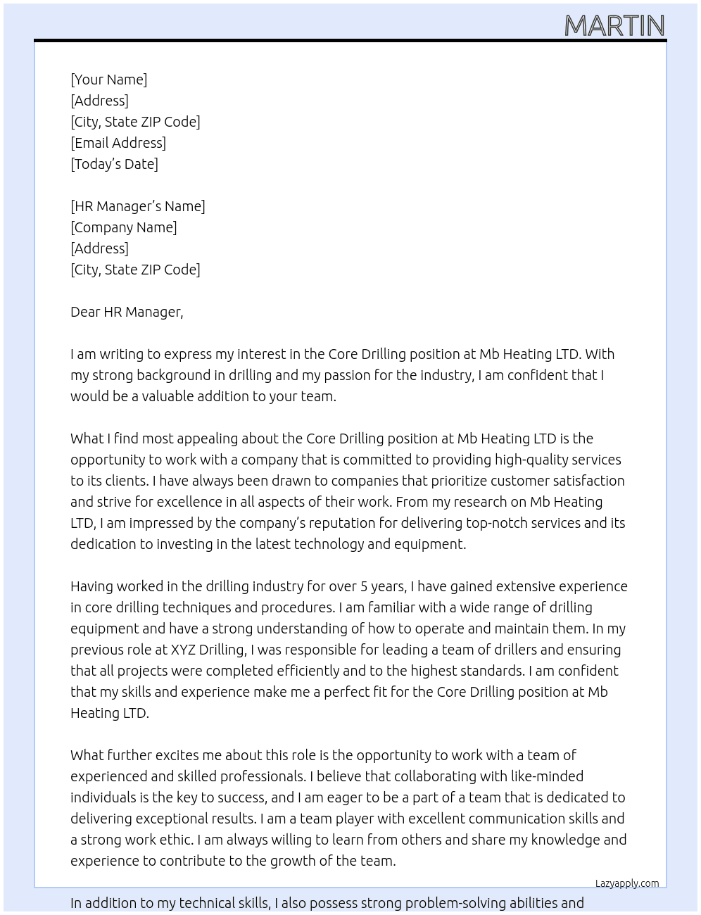 Core drilling At Mb Heating LTD Cover Letter