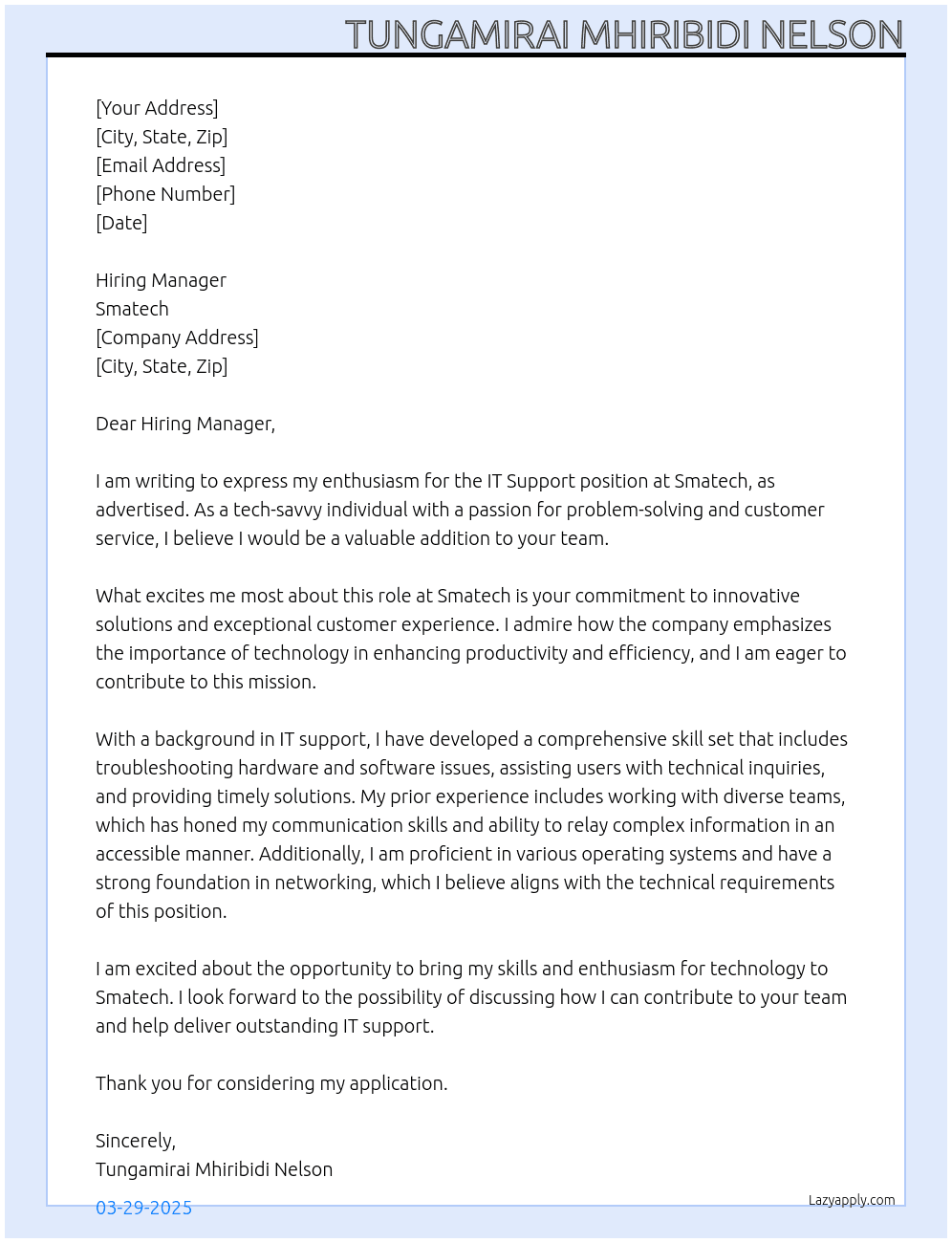 IT Support At Smatech Cover Letter