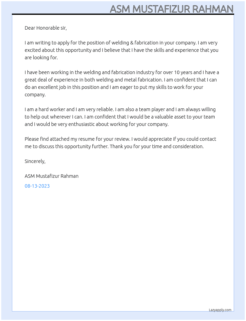 Welding & fabrication  At Martian marietta  Cover Letter