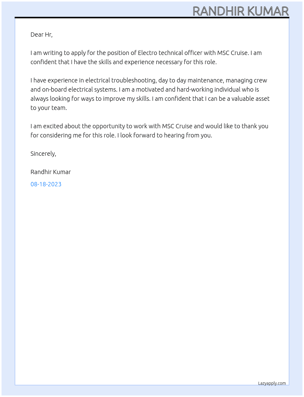 Electro technical officer  At MSC cruise  Cover Letter