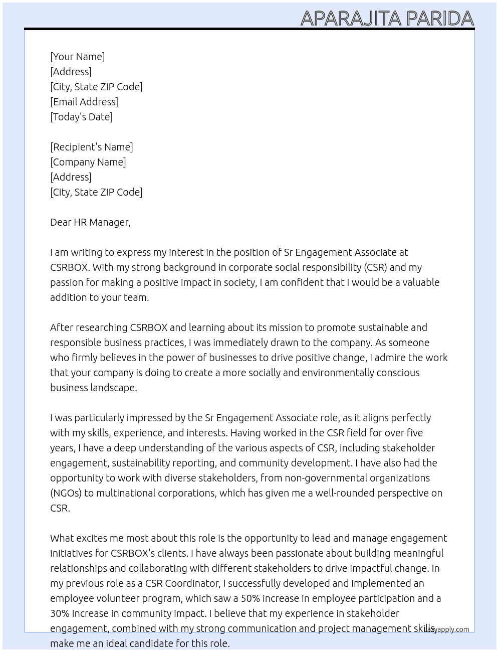 Sr Engagement Associate At CSRBOX Cover Letter