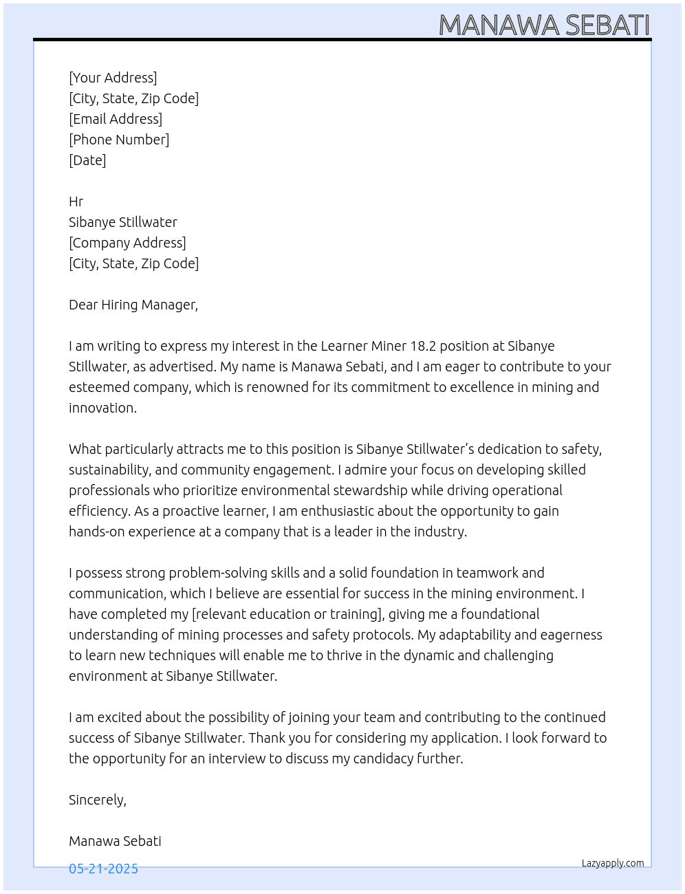 Learner miner 18.2 At Sibanyestilwater  Cover Letter