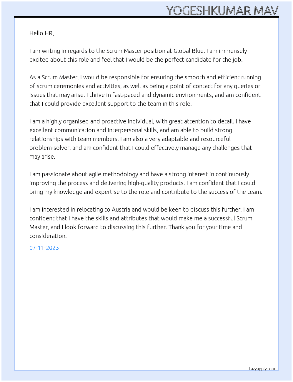 Scrum Master At Global Blue Cover Letter