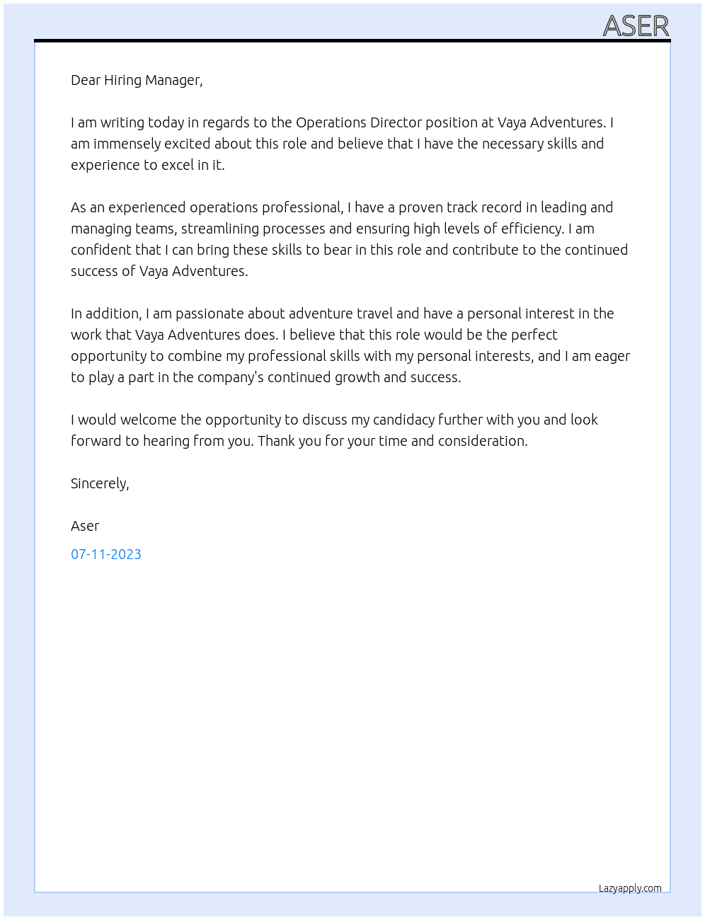 Operations dirextor At Vaya adventures Cover Letter