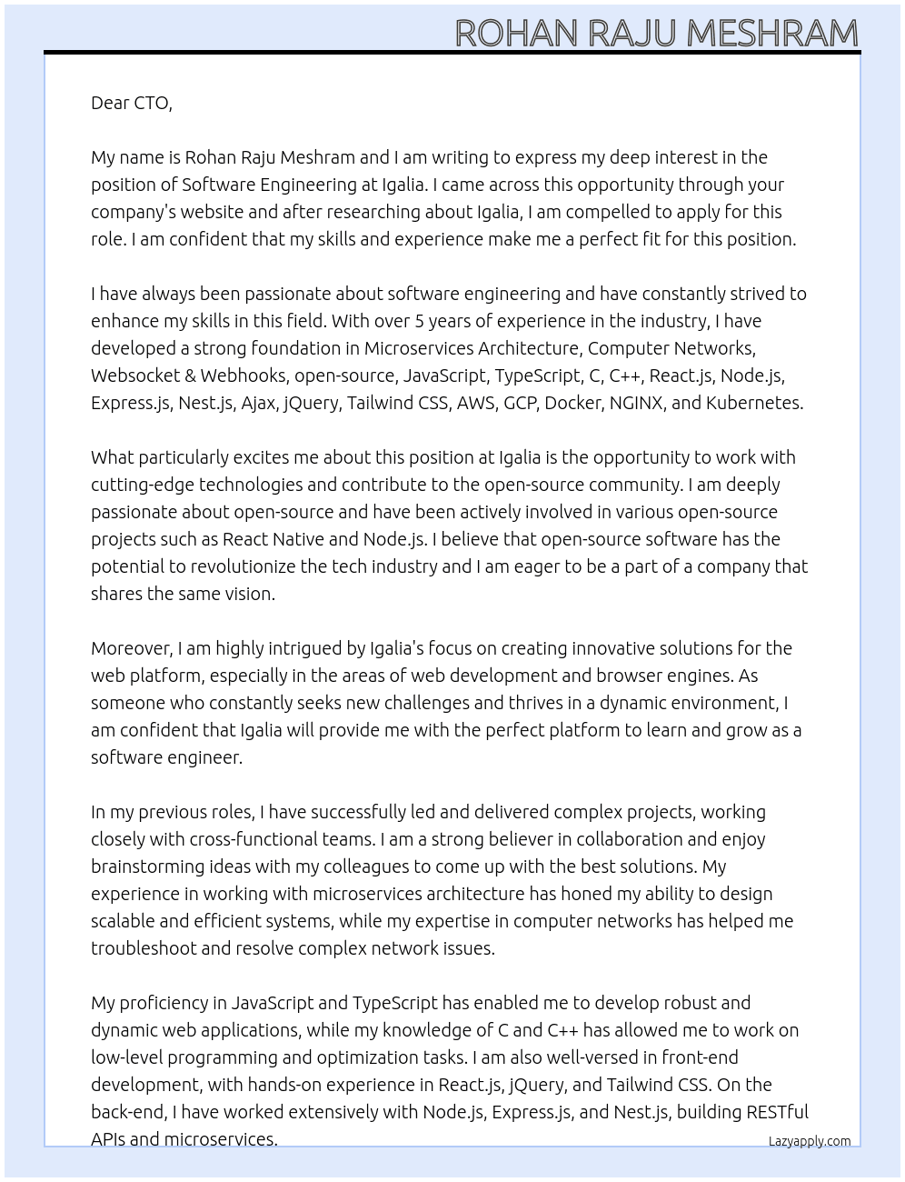 Software Engineering At Igalia Cover Letter