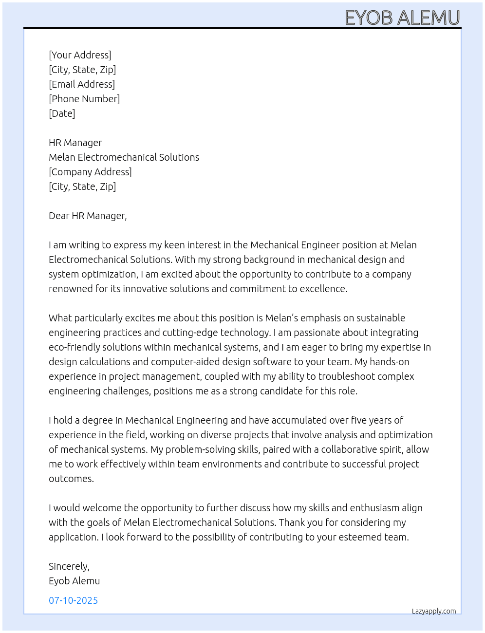 Mechanical Engineer At Melan Electromecanical Solutions Cover Letter