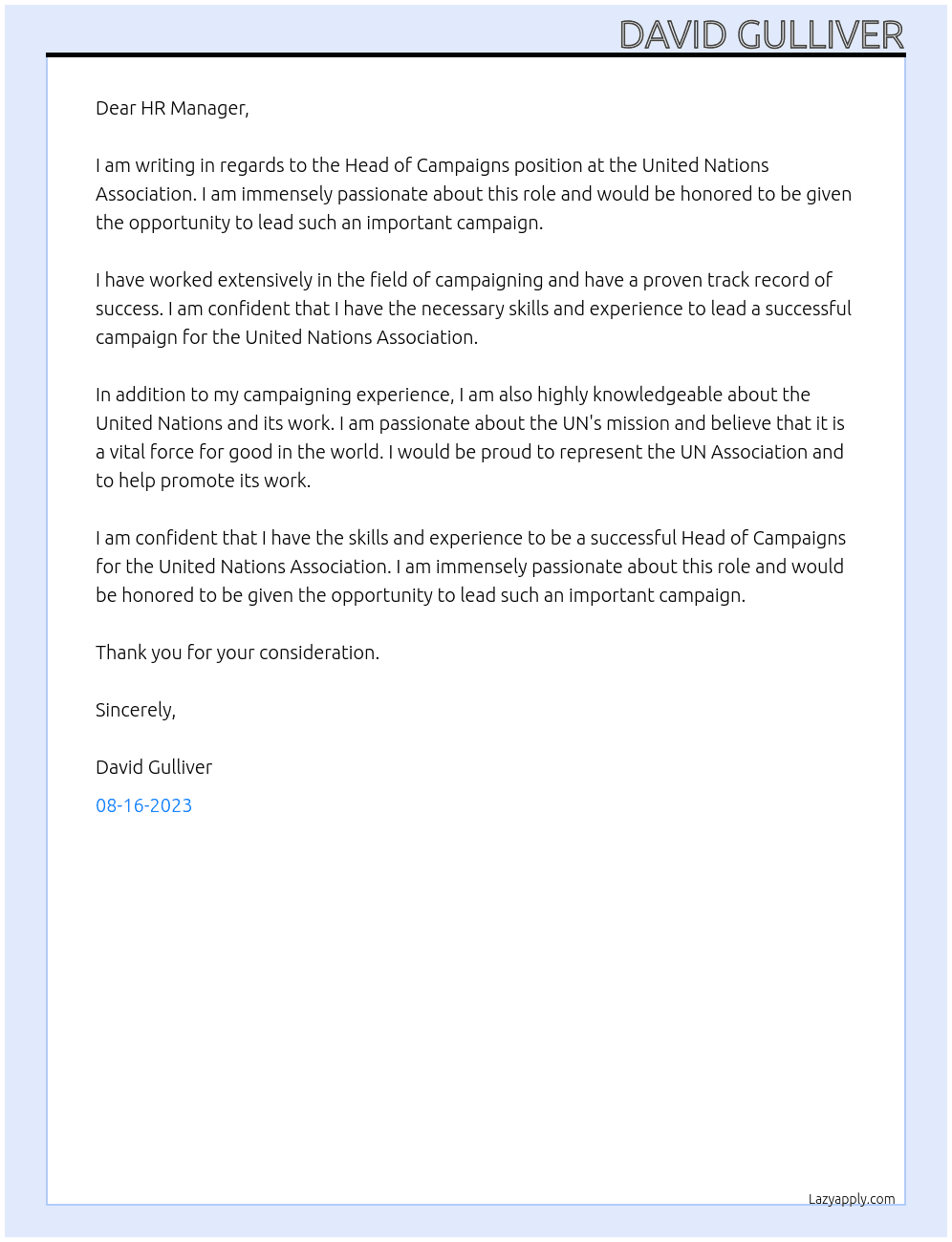 Head of Campaigns United Nations Association At United Nations Association  Cover Letter