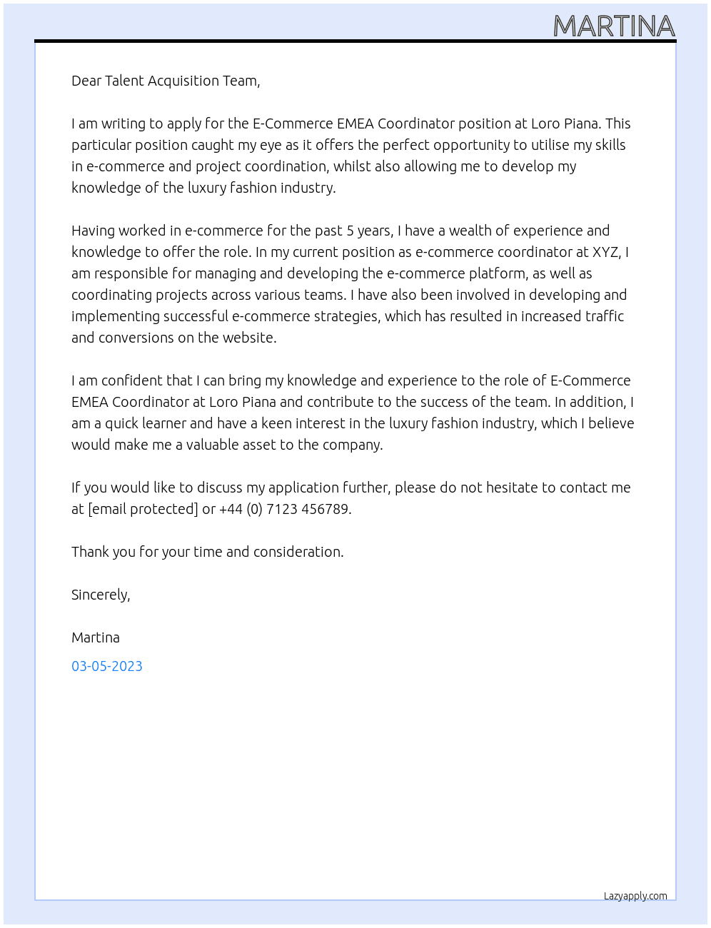 E-Commerce EMEA Coordinator At Loro Piana Cover Letter
