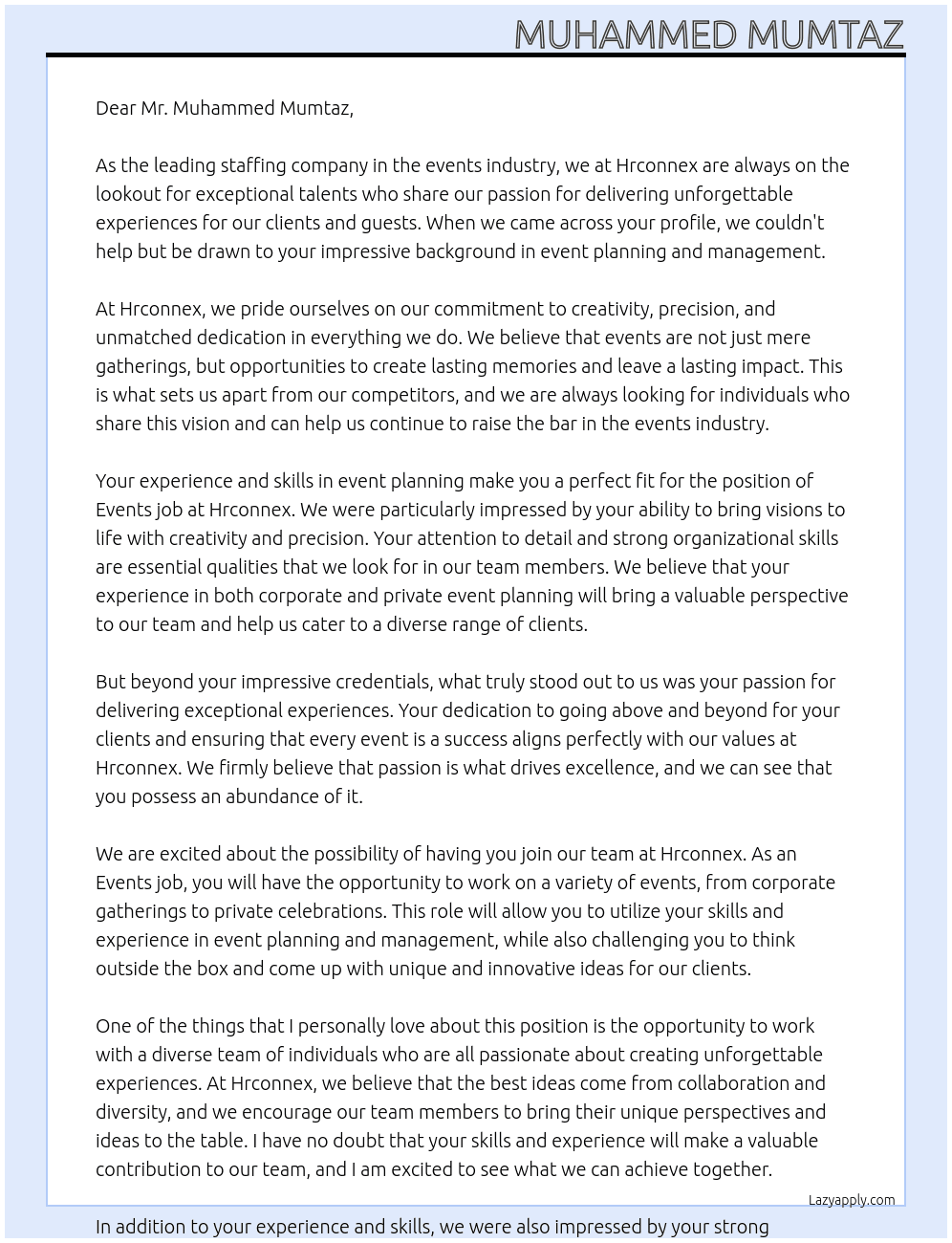 Events job  At Hrconnex Cover Letter