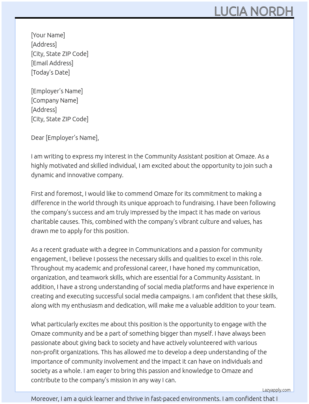 Community Assistant At Omaze Cover Letter