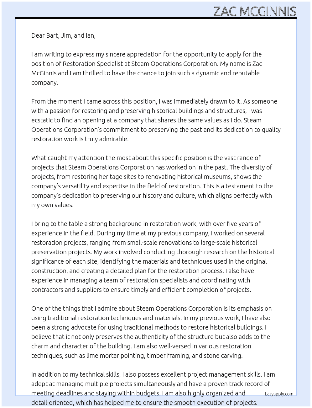 Restoration Specialist At Steam Operations Corporation Cover Letter
