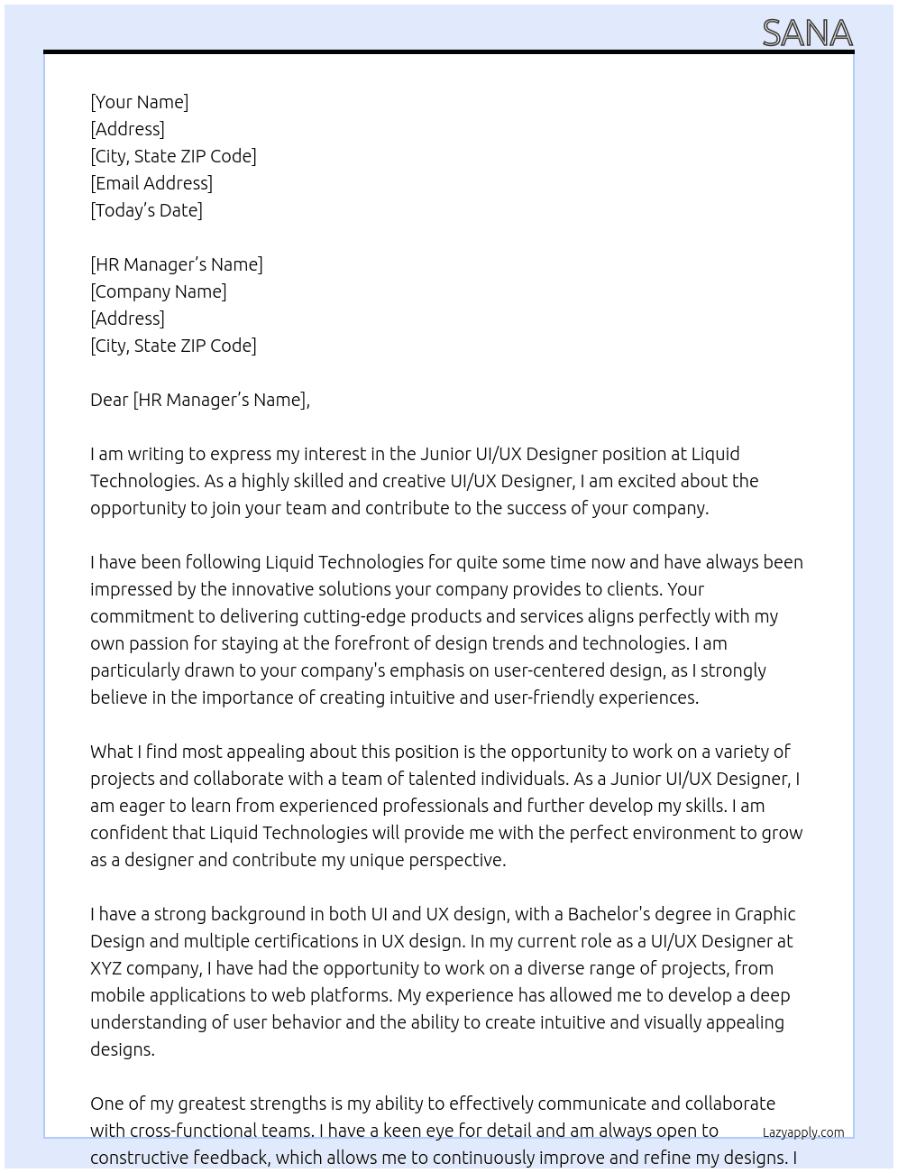 Junior UI/UX Designer At Liquid Technologies Cover Letter