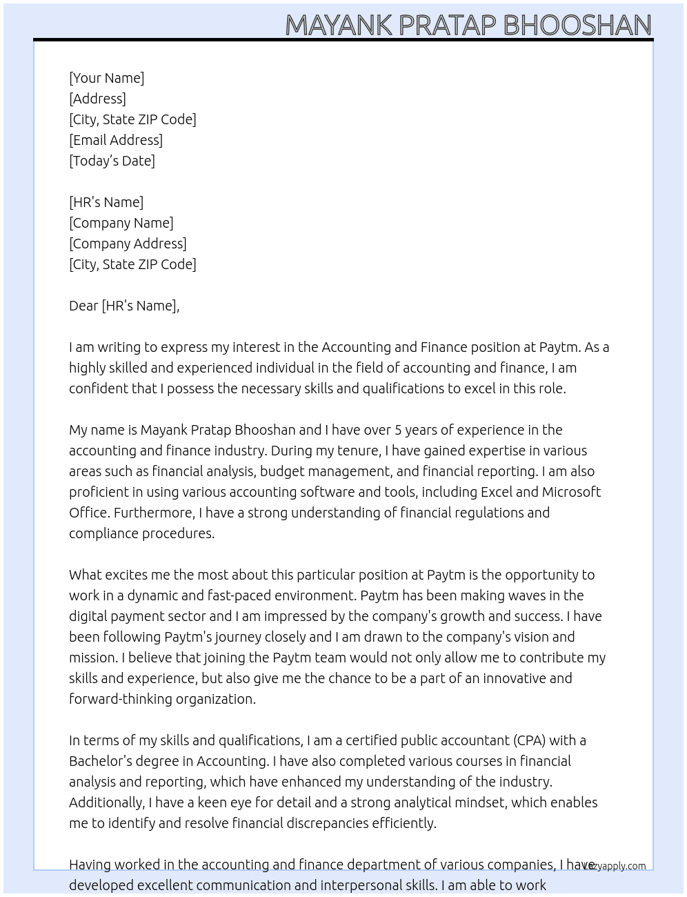 Accounting and Finance  At Paytm Cover Letter