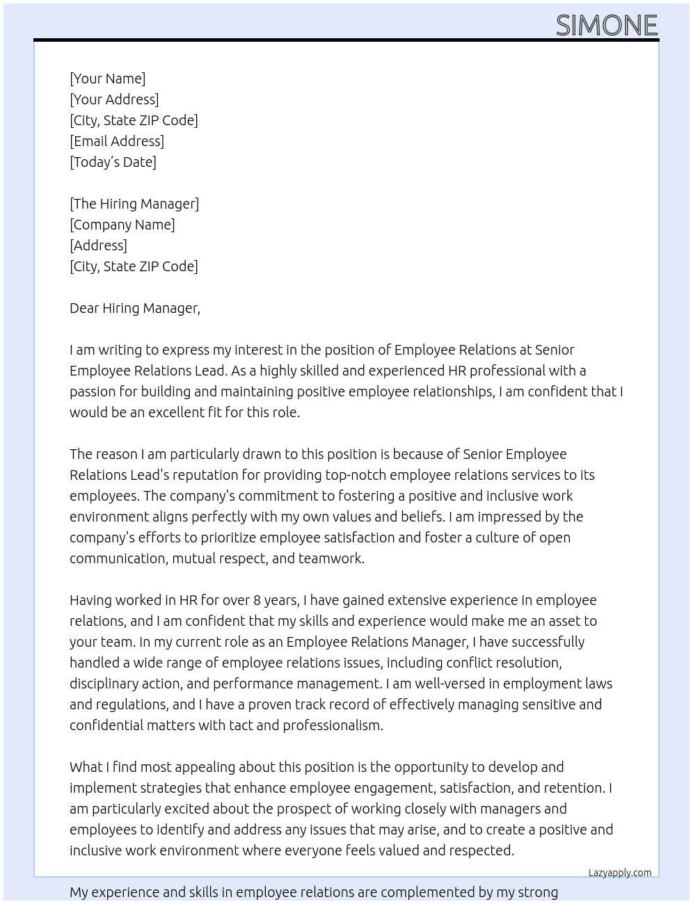 Employee relations At Senior Employee Relations Lead Cover Letter