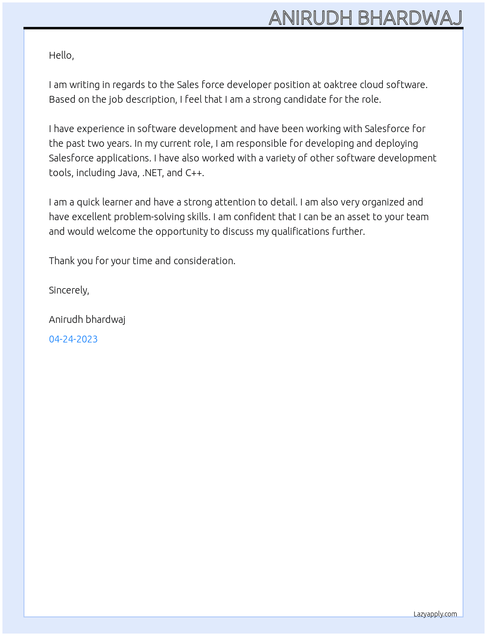Sales force developer At oaktree cloud software Cover Letter