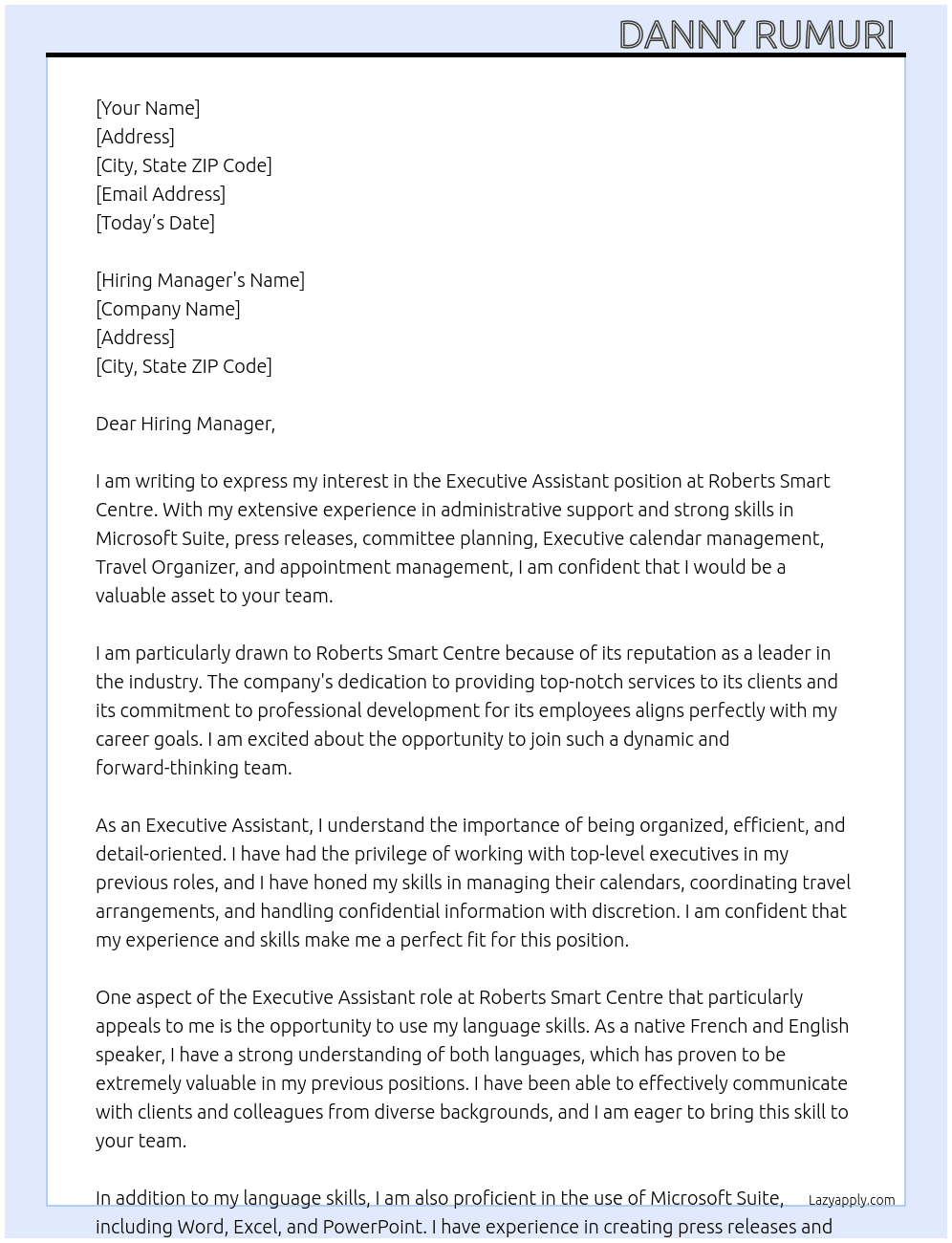 Executive Assistant  At Roberts Smart Centre Cover Letter