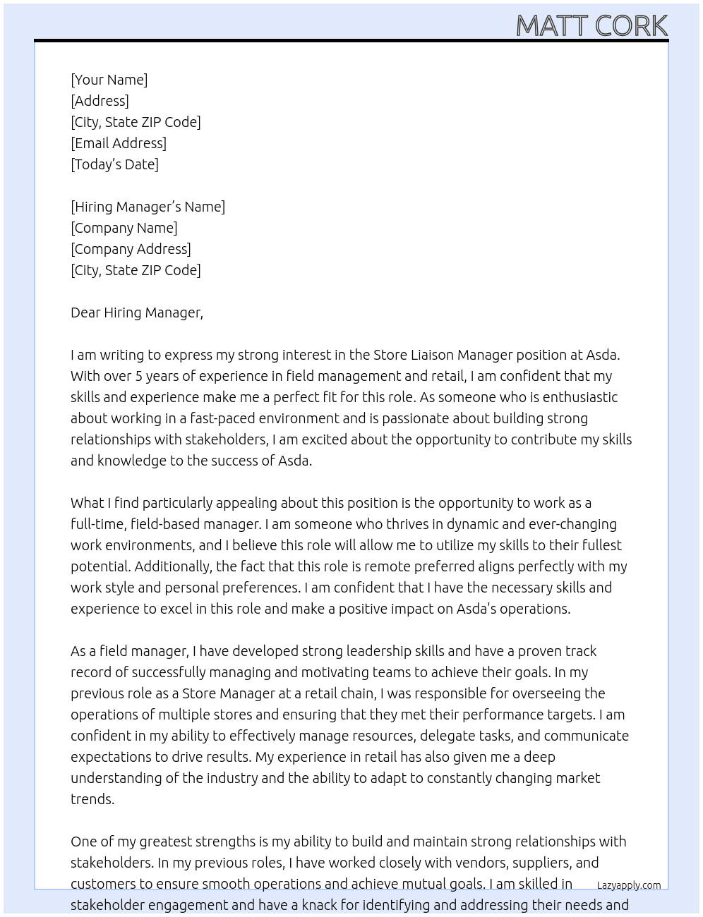 Store liason manager At Asda Cover Letter