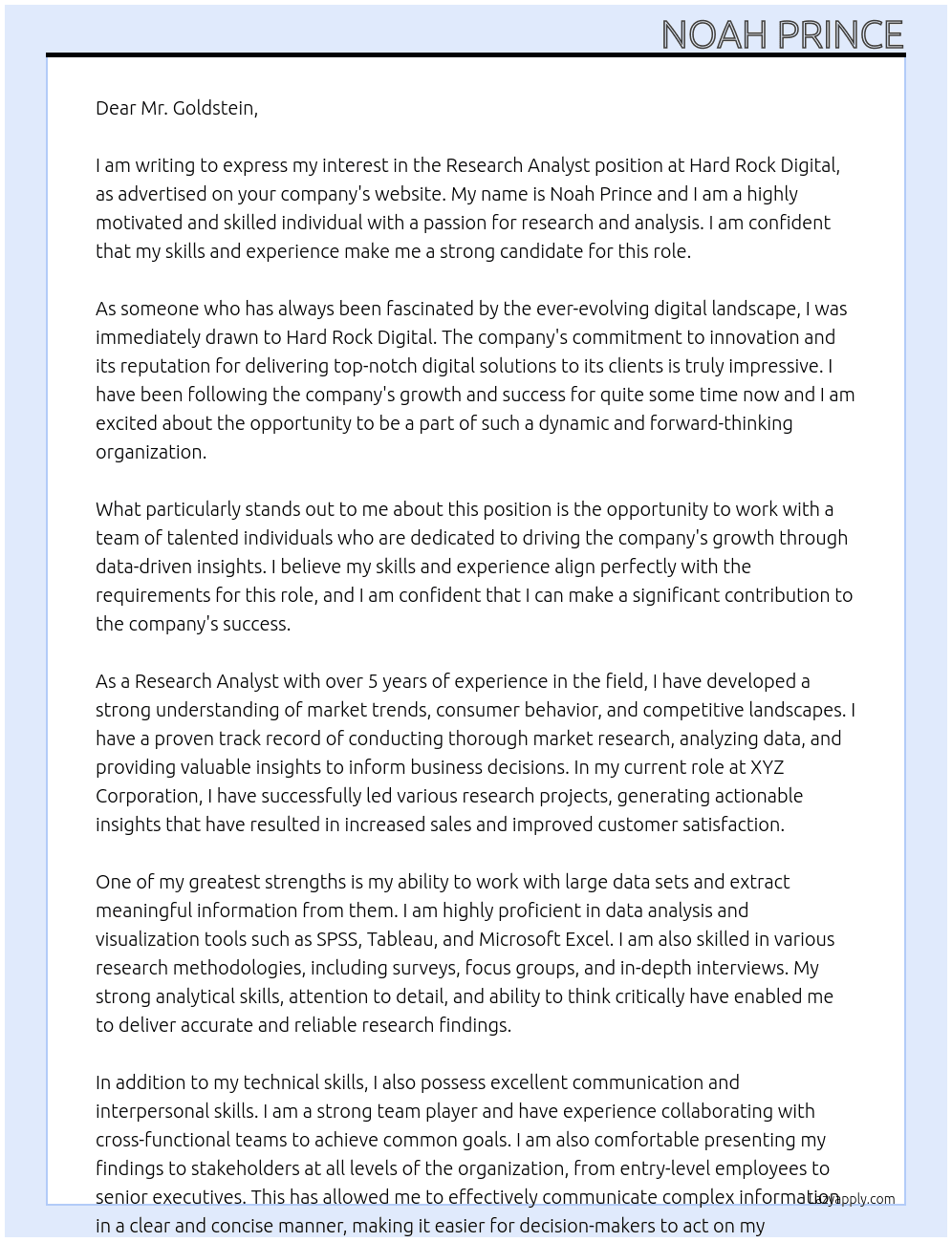 Research Analyst At Hard Rock Digital Cover Letter