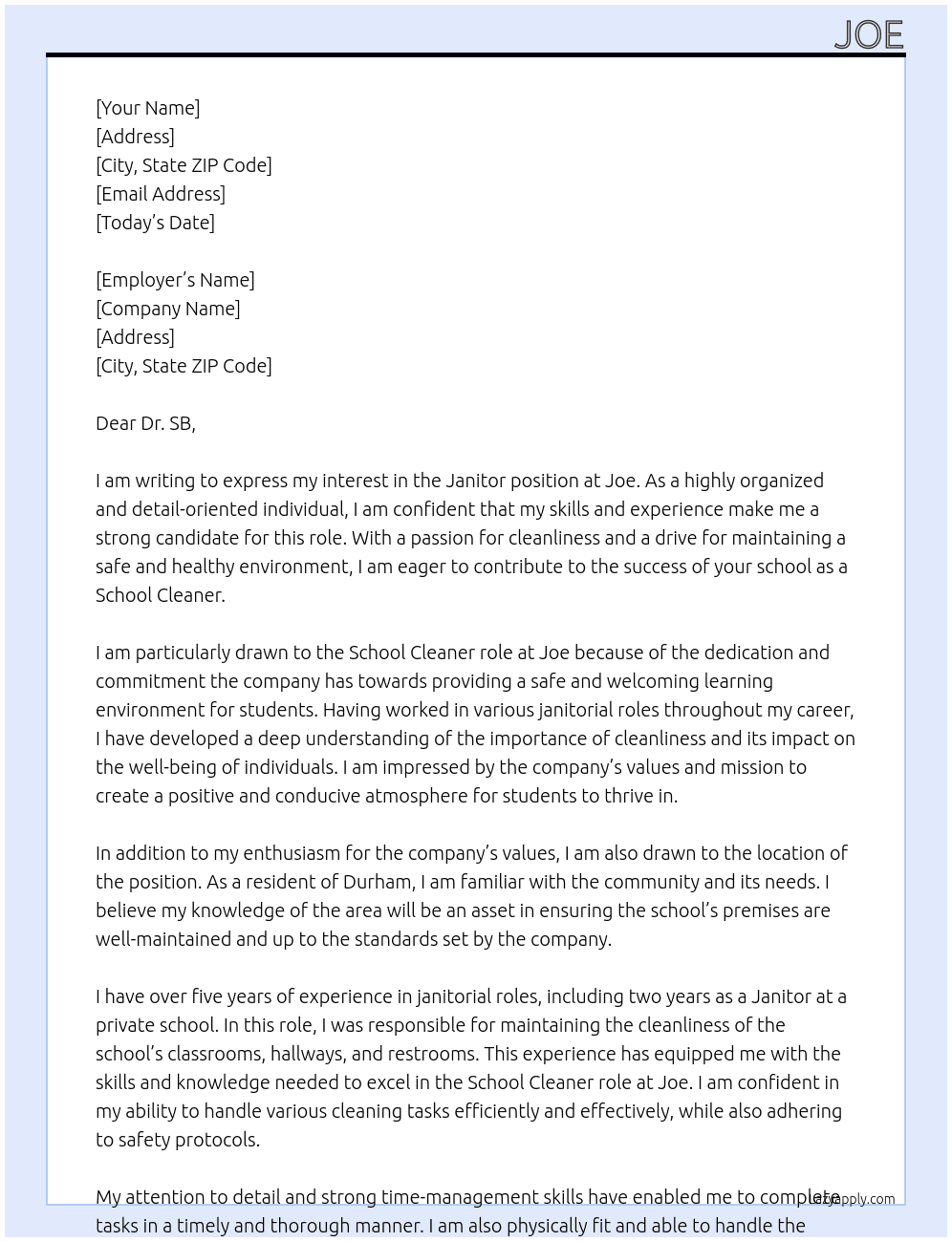 janitor At joe Cover Letter